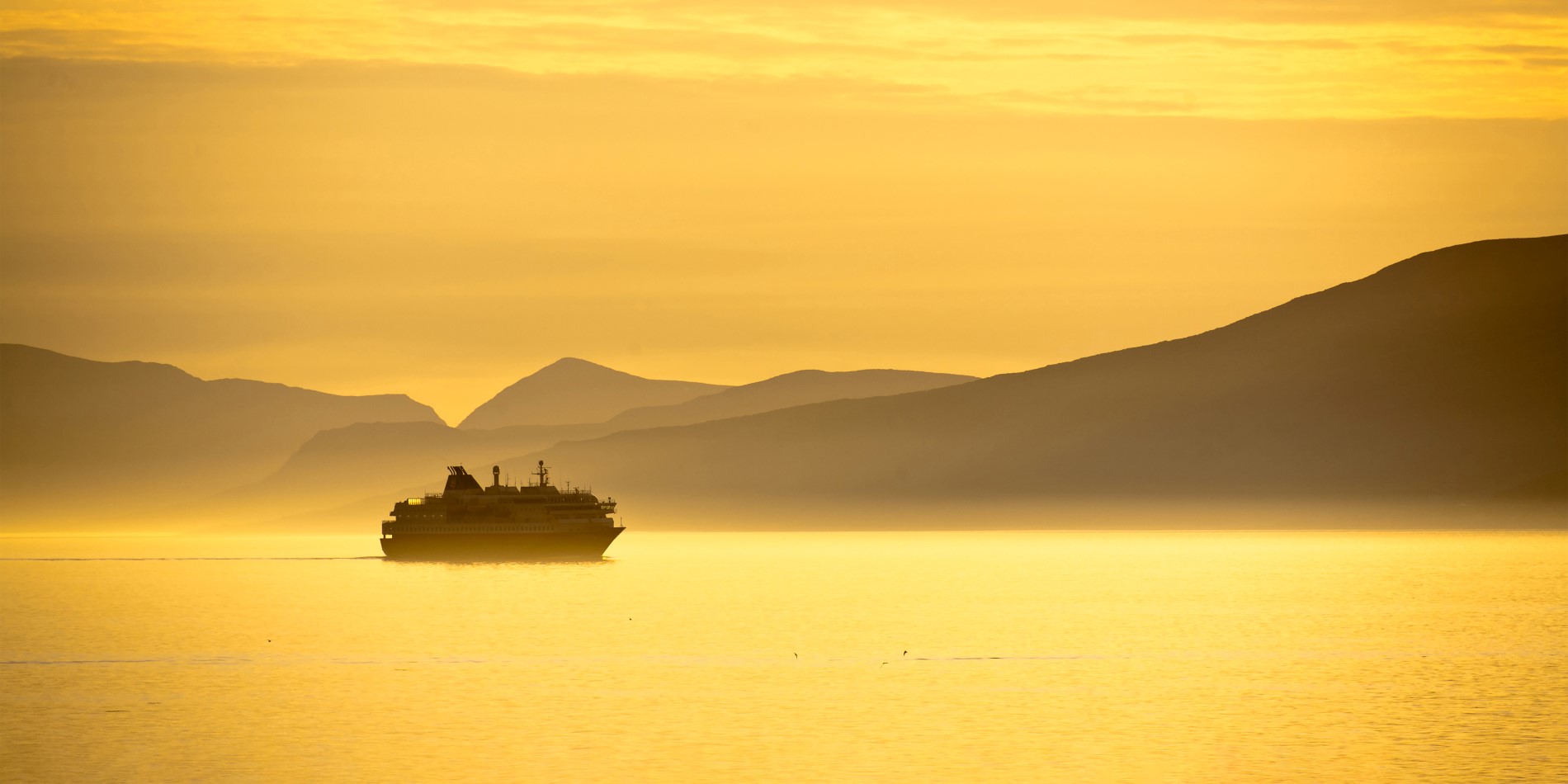 Ein Schiff von Hurtigruten fährt im Schein der Mitternachtssonne, die den Himmel und das Wasser in warmen Gelbtönen erstrahlen lässt 