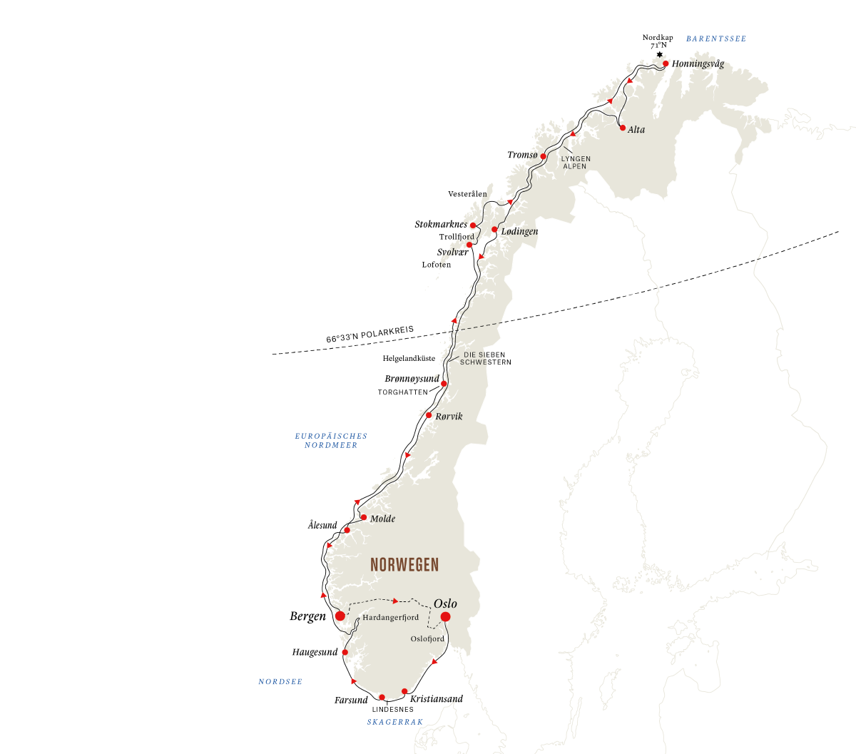 Hurtigruten Nordkap-Linie, Seereise ab Oslo
